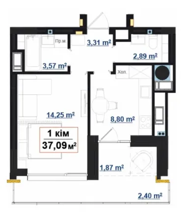 For sale 1-room Apartment 37.09 sq.m ЖК Парк Авеню Ivano-Frankivs'k