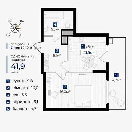 Продаж Квартира 1-кімнатна, 9/10 поверх на вул. Галицька Івано-Франківськ
