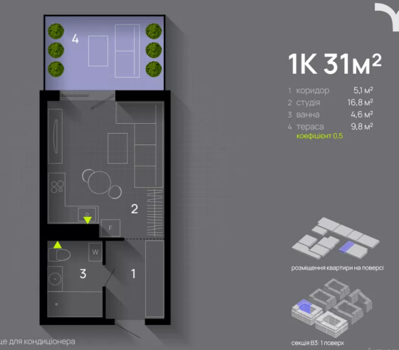 Продаж Квартира 1-кімнатна, 5/11 поверх на вул. Ленкавського Івано-Франківськ