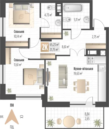 Продажа 2к Квартира 65.23 кв.м вулиця Пилипа Орлика, Львов