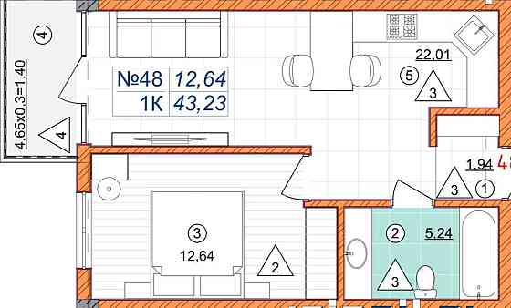 Продаж Квартира 1-кімнатна, 2/6 поверх Yaremche
