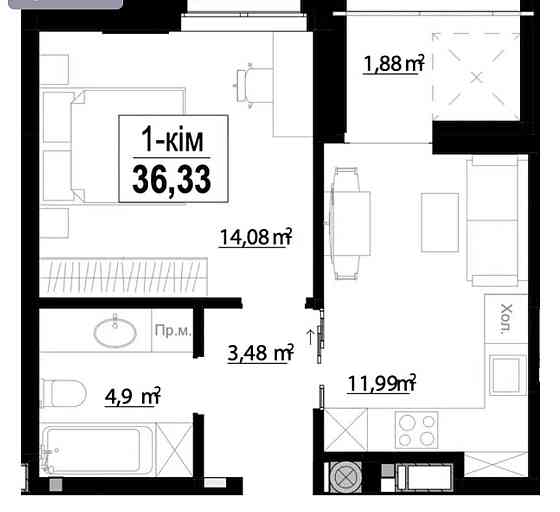 Продаж Квартира 1-кімнатна, 8/10 поверх на Сонячна, 62 Івано-Франківськ