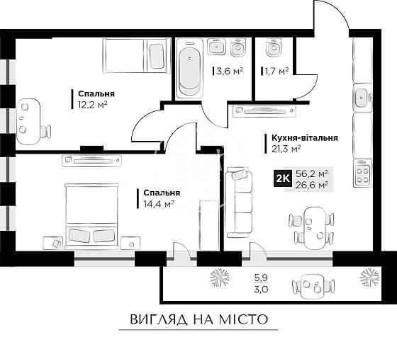 Продаж 2к Квартира 56 кв.м Орлика, 51 Львів