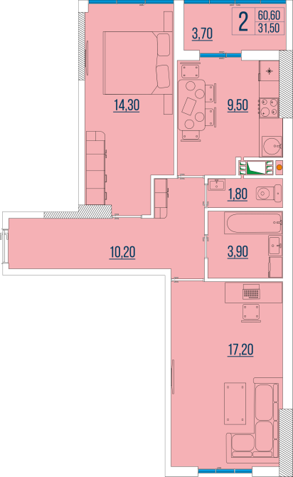 2 комнатная квартира 60,3 кв.м. в ЖК Бульвар Акаций Одеса - фото 12