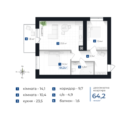 Продаж Квартира 2-кімнатна, 2/6 поверх на вул. Левинського І. Івано-Франківськ